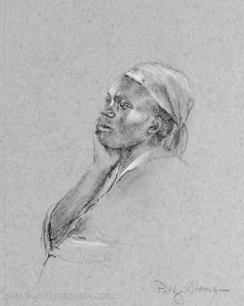 Woman Waiting, graphite pencil drawing African DRC Rwanda South Sudan survivor