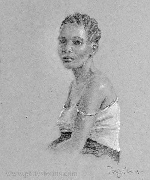 Woman Resting, graphite pencil drawing, African DRC Rwanda South Sudan survivor