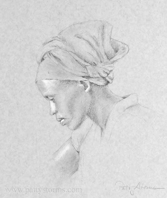 Woman in Head Wrap, graphite pencil drawing, scarf, African DRC Rwanda South Sudan survivor